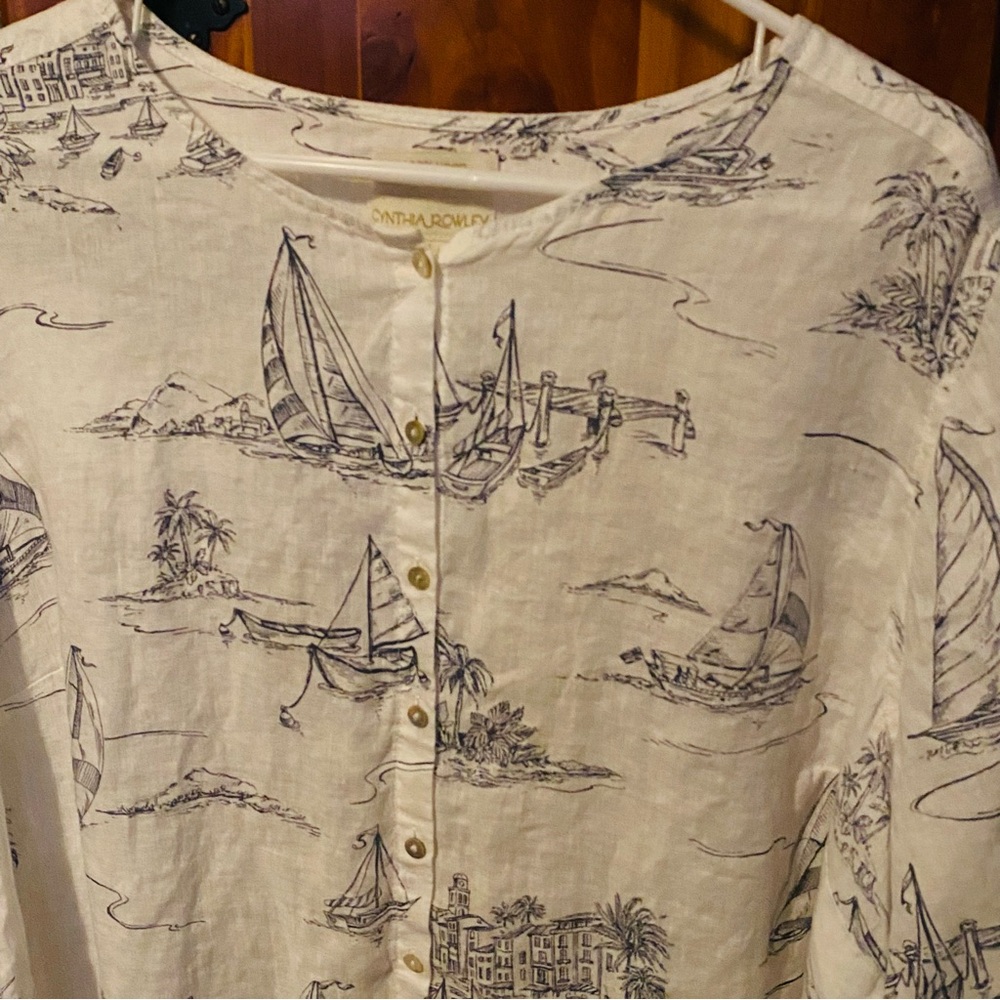 Cynthia Rowley 100% Linen Nautical Sailboat Button Down size 2X